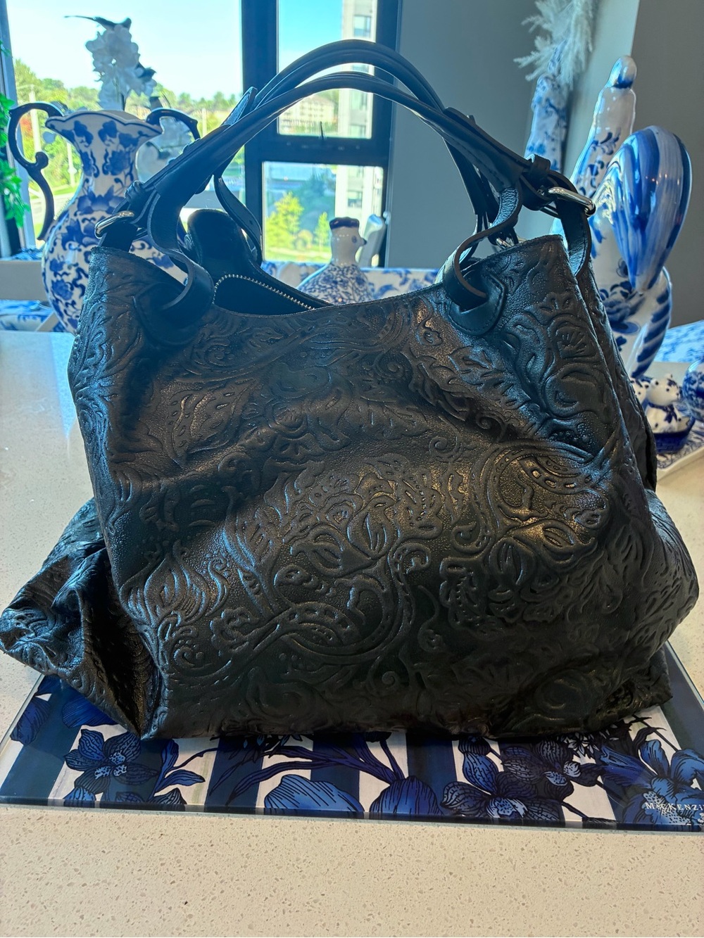 Oversized, embossed, Italian, black leather handbag